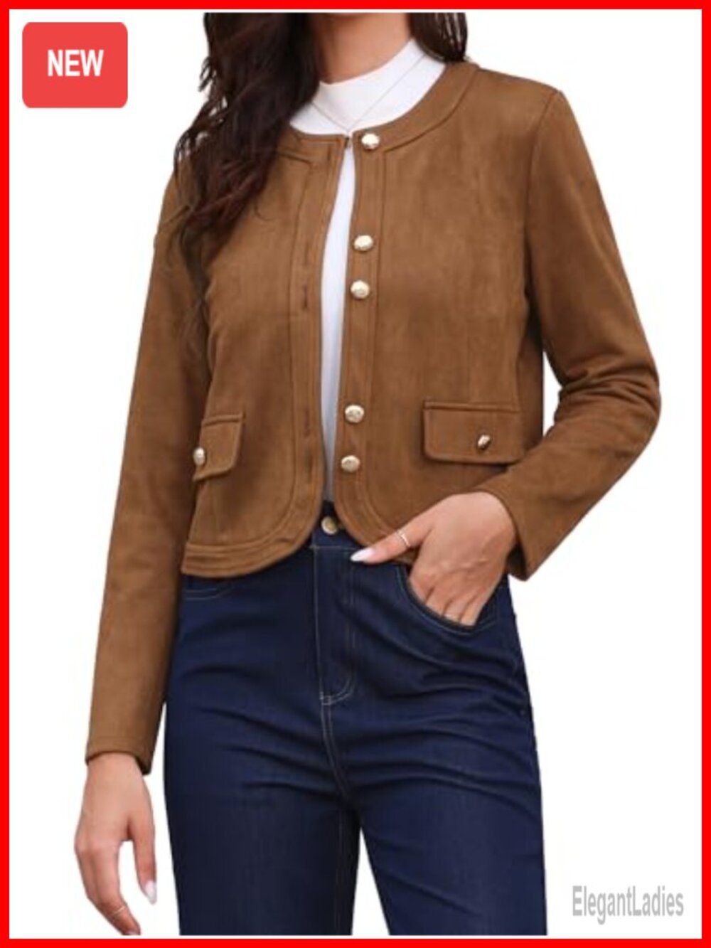 Faux Suede Collarless Button Down Cropped Jacket Women Long Sleeve Casual